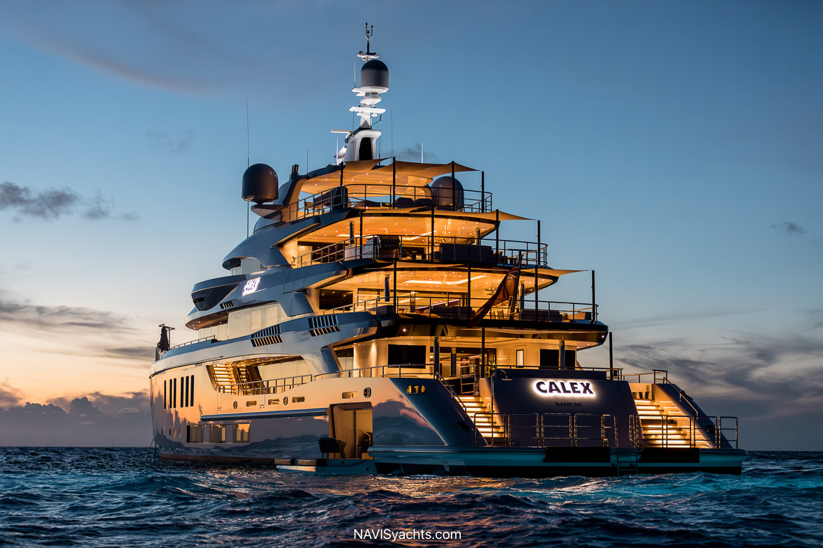 Benetti’s M/Y Calex, a 67m megayacht featuring five decks of luxurious accommodations and cutting-edge technology.